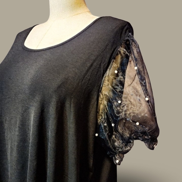 Chic Black Sheer Cap Sleeve w Pearl Accents By Luna Moon Whymsygoth Goth Bubble◯ - Picture 5 of 9